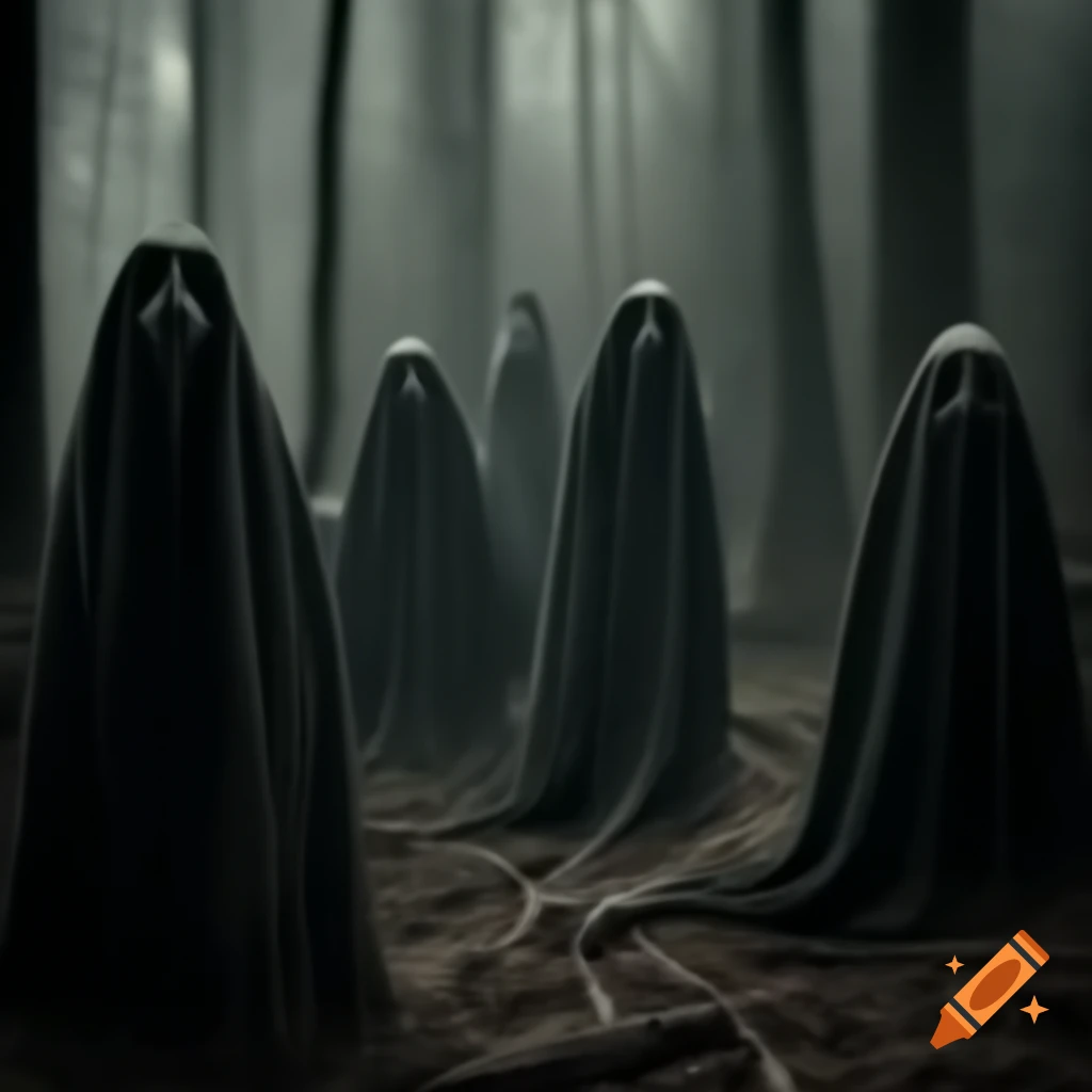 Dark vintage scene of dead forest with ghostly apparitions