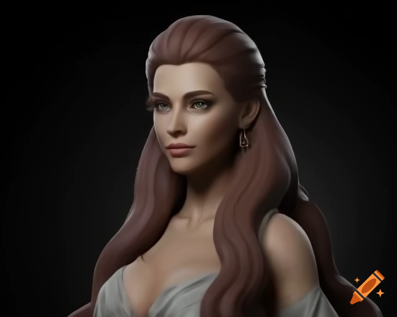 Close-up portrait of woman in flowing dress with beautiful hair in realistic digital art style