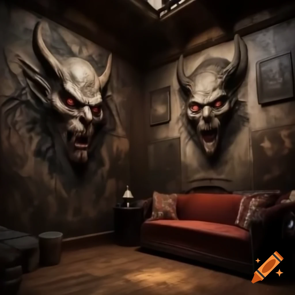 Scary house with large room featuring demonic drawings on walls