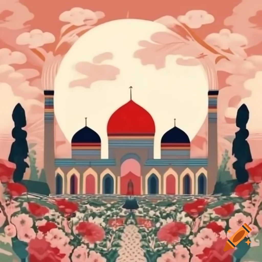 Persian domes and arches in flower garden with cypress trees and detailed moon, ukiyo-e style