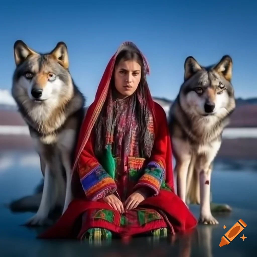 Young woman in traditional Afghan dress on frozen lake with wolves