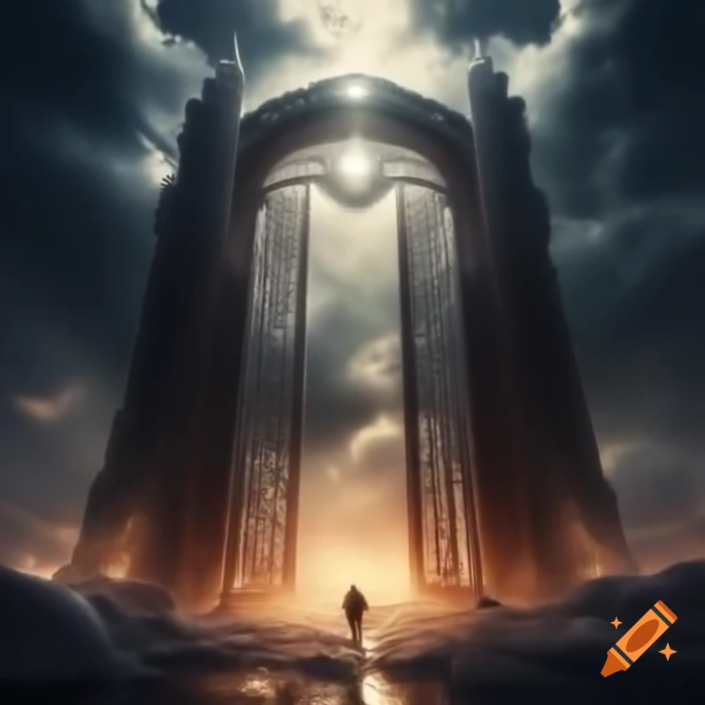 Iron gate leading to heavenly scene with clouds and light rays