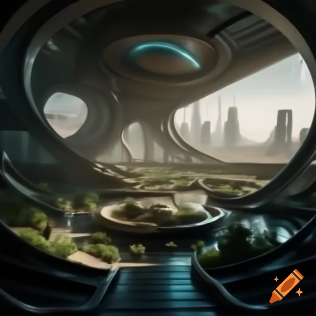 Interior view of futuristic building overlooking city on terraformed Mars with green plants and water