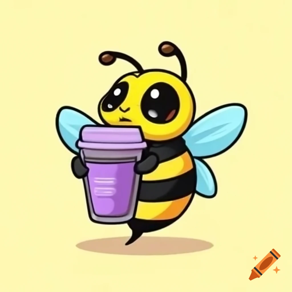 Cartoon bumblebee sipping coffee with lilac flower tattoo
