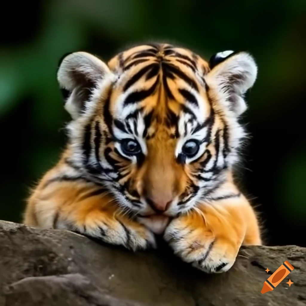 Small tiger sitting with finger nearby