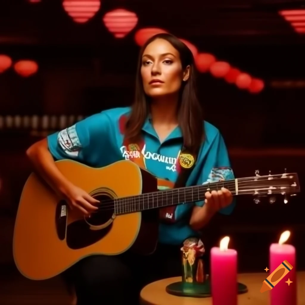 Olivia Wilde dressed as Indigenous Indian character playing guitar on Nottingham streets with pink candles