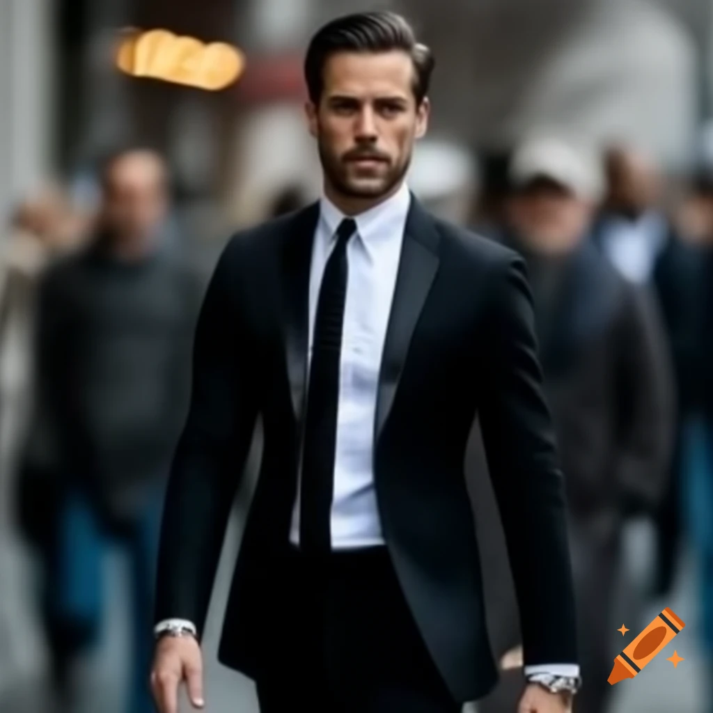 Man in black suit walking angrily to the left