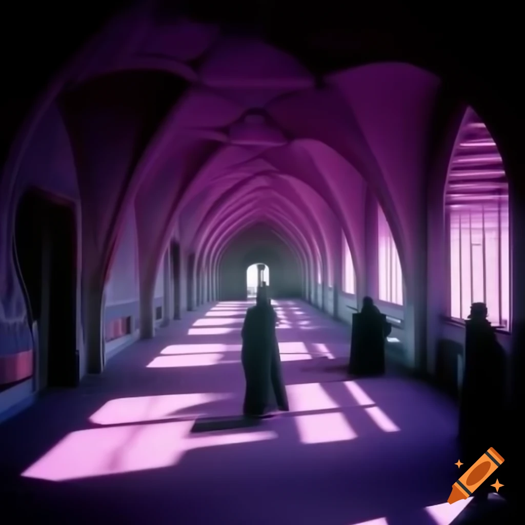 Futuristic aircraft interior inspired by 1969 aesthetic with indigo, purple, and pink colors