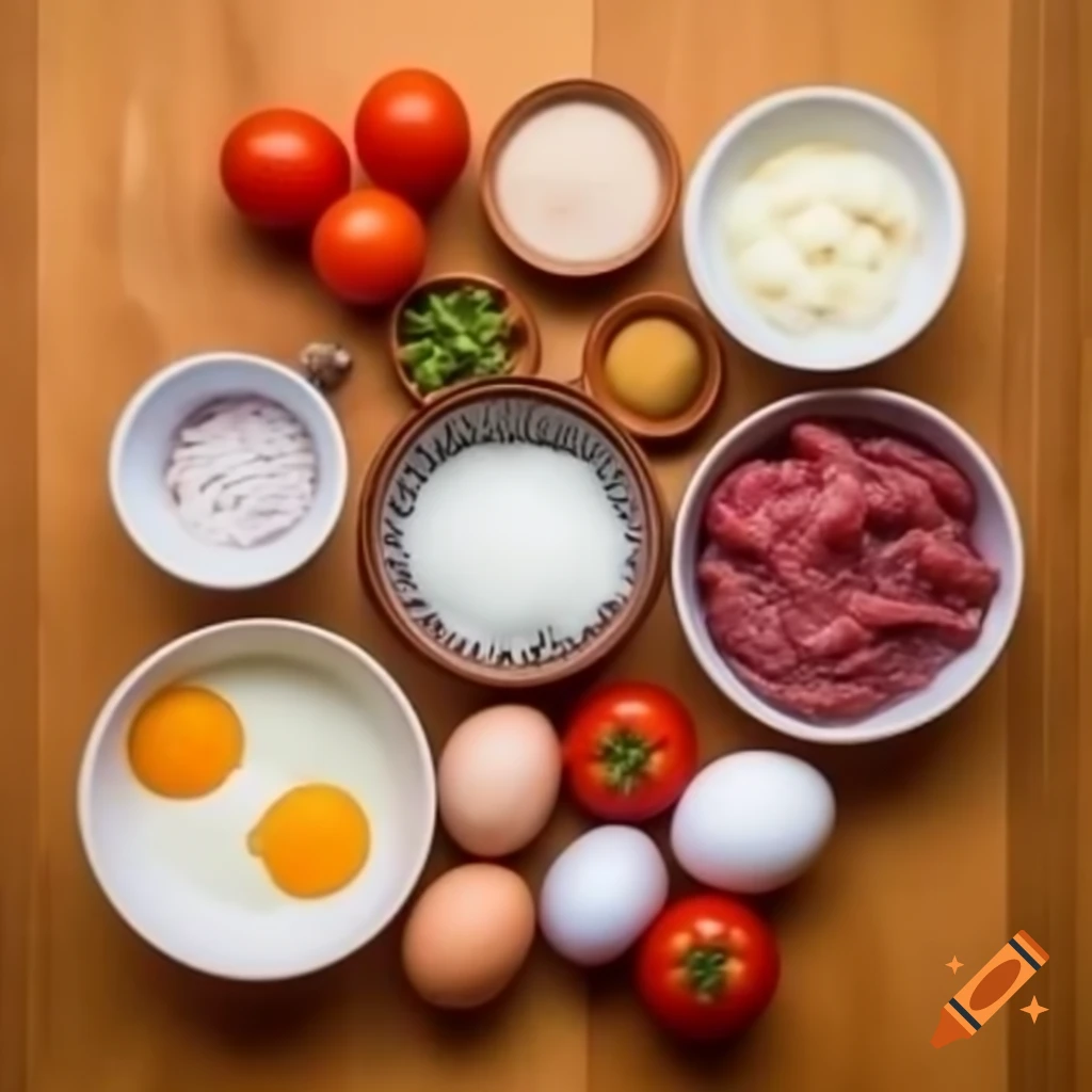 Ingredients for Moroccan tajine kefta with eggs displayed on wooden table