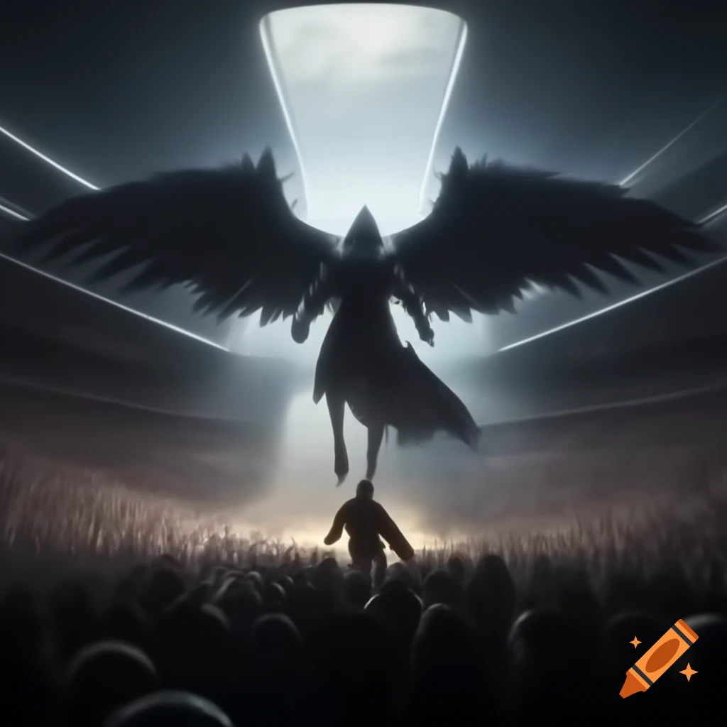 Hero with wings flying above a crowd of shadows under a bright sky