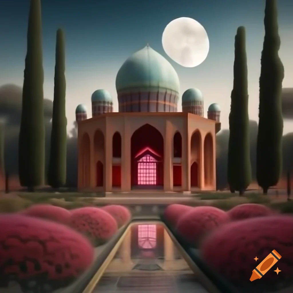 Persian domes and arches in flower garden with cypress trees and detailed moon, ukiyo-e style