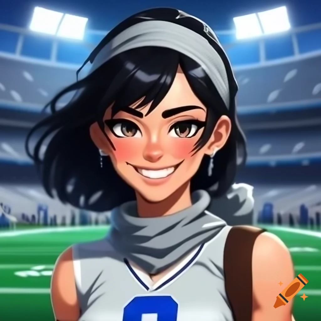 Anime latina woman with black hair in gray bandana and Dallas Cowboys jersey on football field