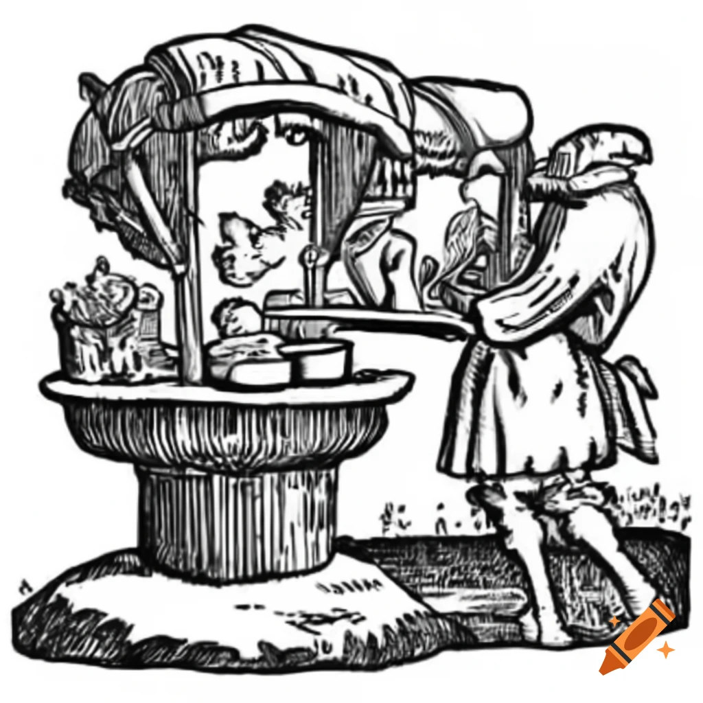 Medieval woodcut illustration of a Stone Troll street food vendor