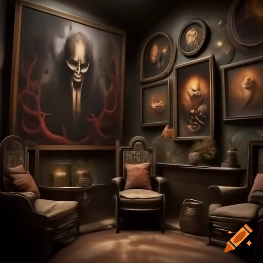 Realistic depiction of a large room in a scary house with demonic drawings on the walls