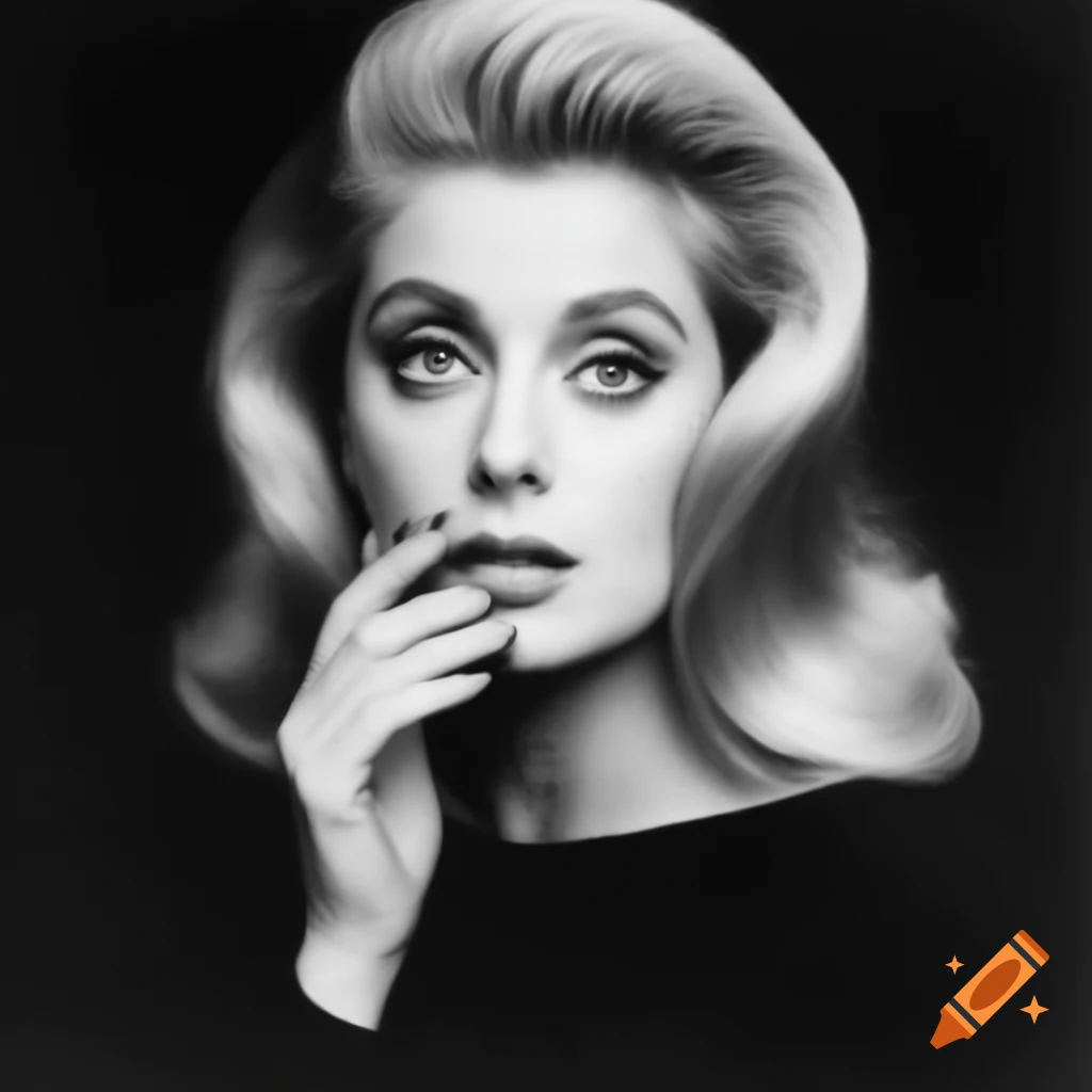 Hyper-realistic black and white photo of a charming European actress from 1963