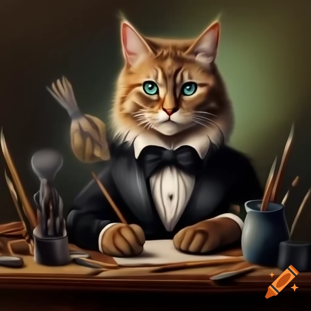 Tuxedo cat artist drawing with paintbrush in a mystical setting