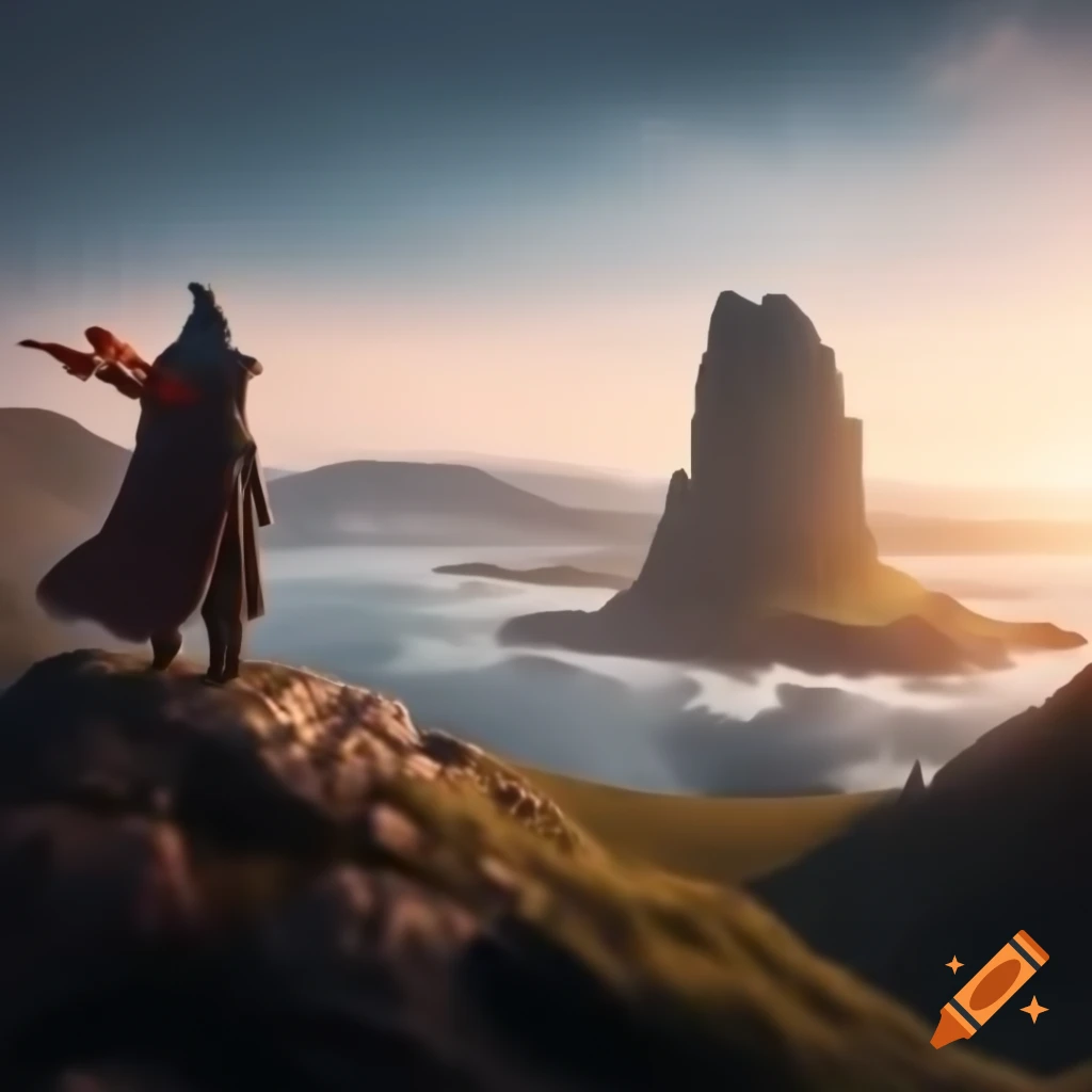 Warlock on mountain cliff overlooking ocean at sunrise with stone circle