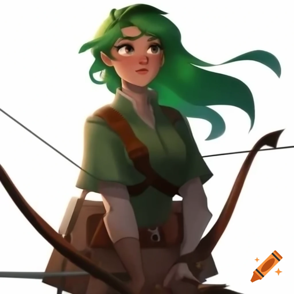 Young woman ranger with green hair and leather armor in fantasy setting