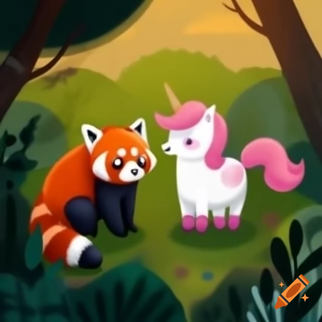 Red panda and pink unicorn in a vibrant forest setting