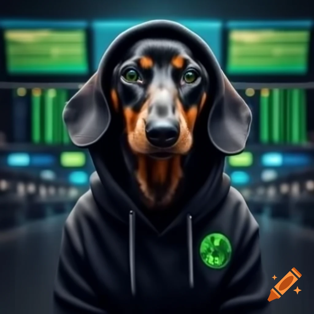 Dachshund in black hoodie programming at terminal screen with green symbols