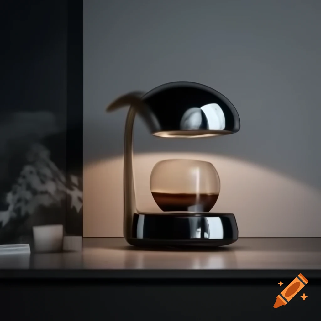 Futuristic coffee maker and modern lamp with glossy glass and metallic surfaces
