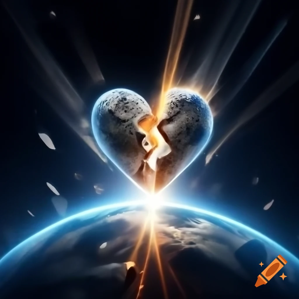 Fractured heart emitting light beams onto the earth