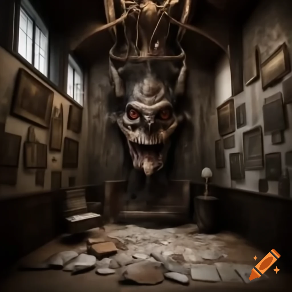 Realistic scary house interior with large room featuring demonic drawings on walls