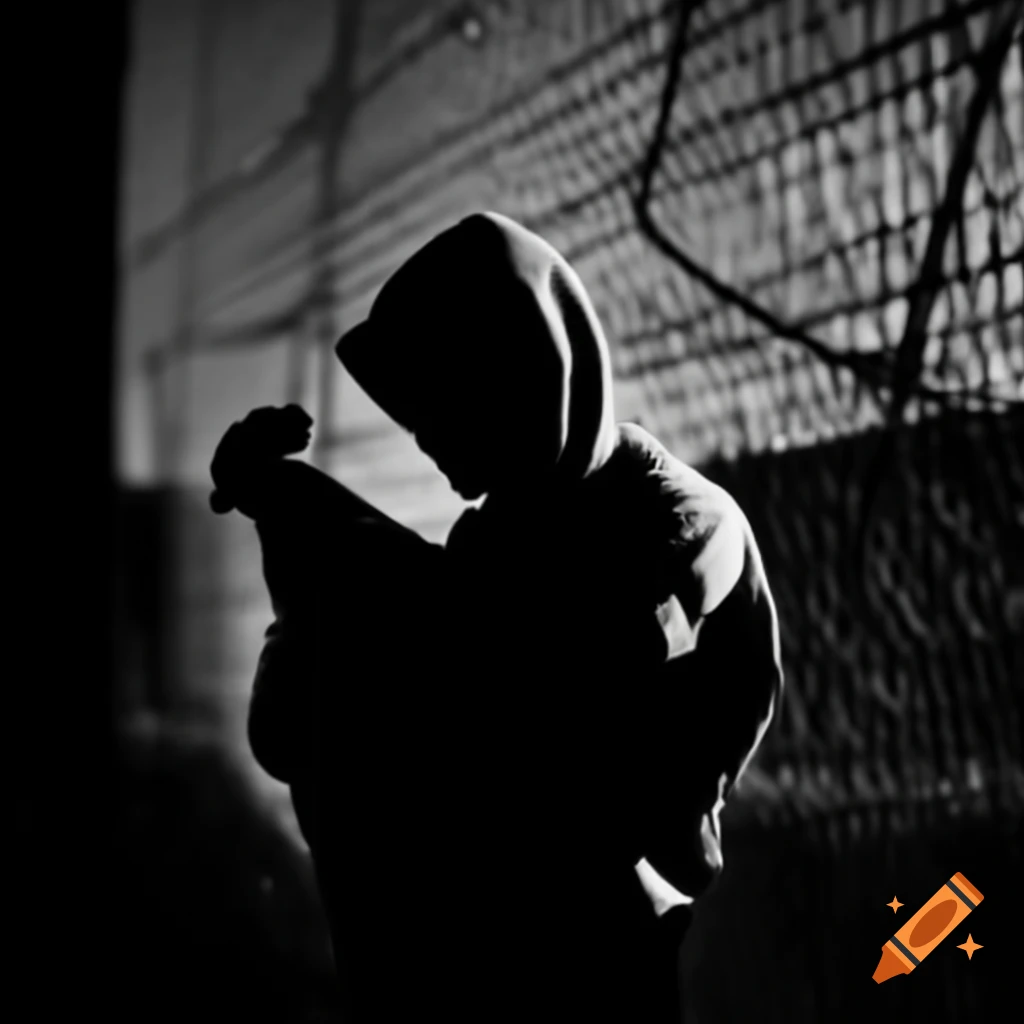Silhouette of man in hoodie carrying rooster against dark chicken wire fence
