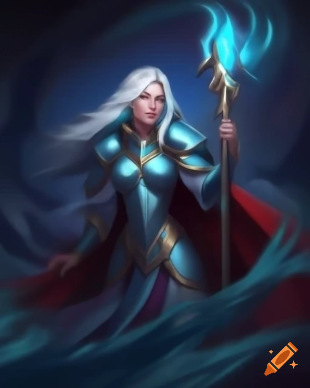 Aasimar paladin with silver hair and blue eyes holding a shimmering spear