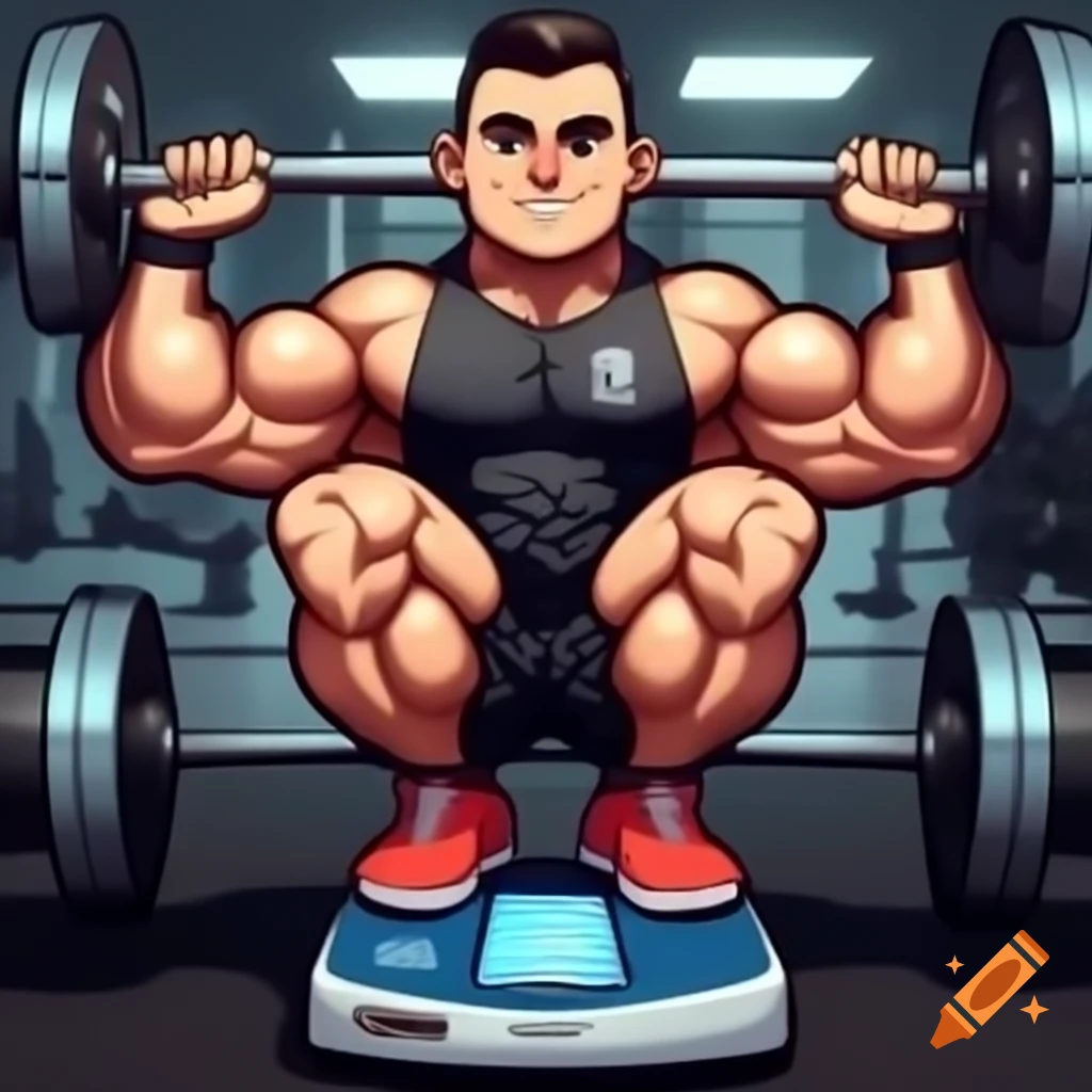 Cartoon of athletic man performing squat exercise in gym outfit