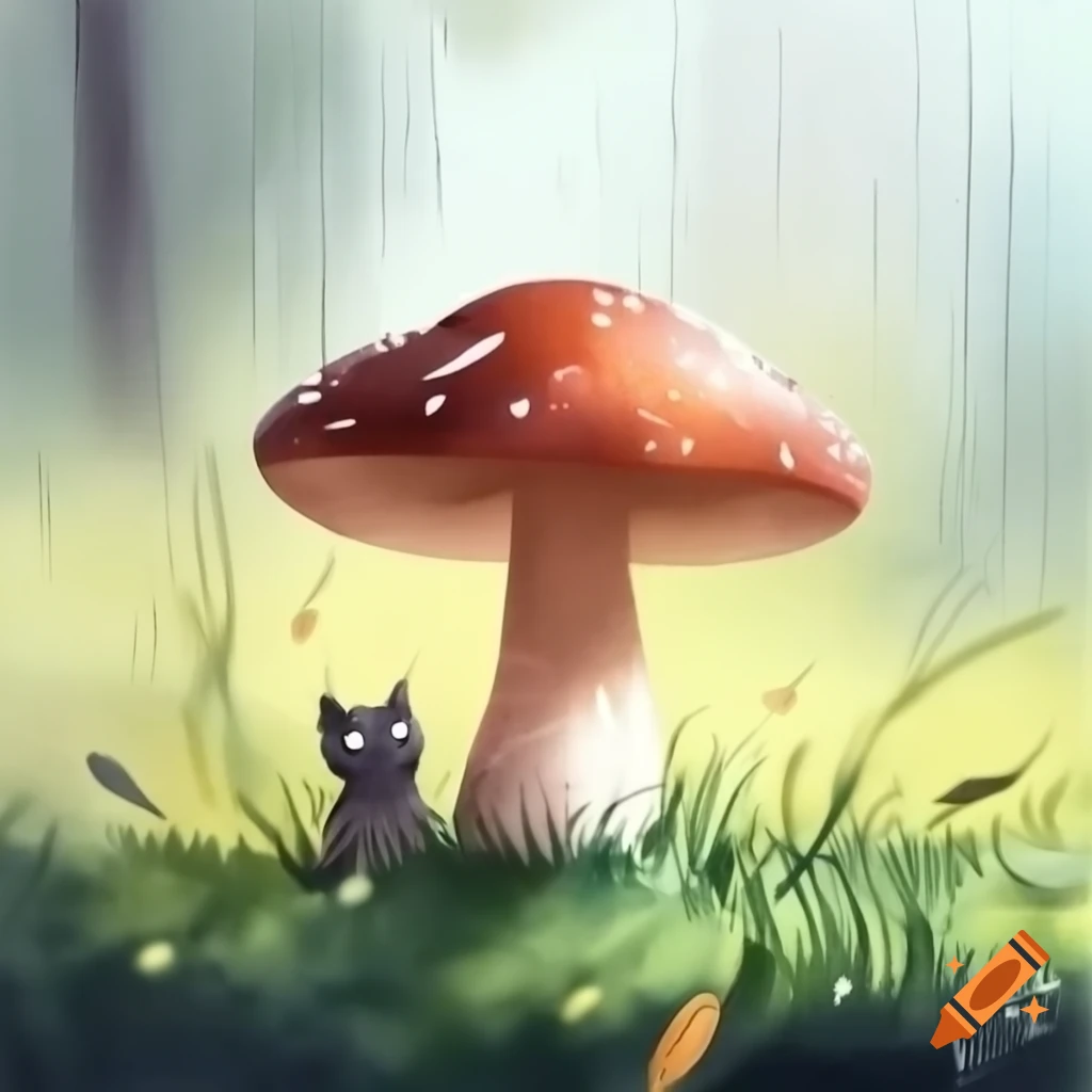 Close-up watercolor of boletus mushroom and white kitty in forest with raindrops