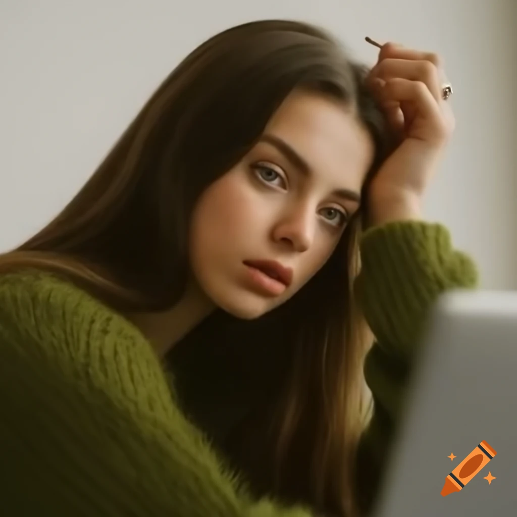 Woman with brown hair in green sweater holding laptop and pencil