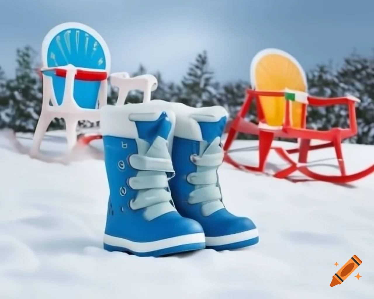 Children's snow Wellington boots in front of sleds on deep snow in winter