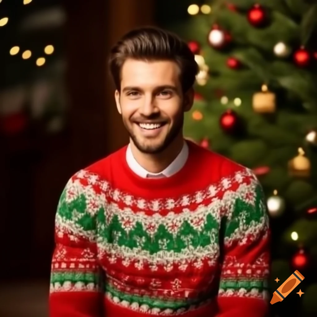 Handsome Man Wearing Christmas Sweater In Front Of Decorated Christmas 