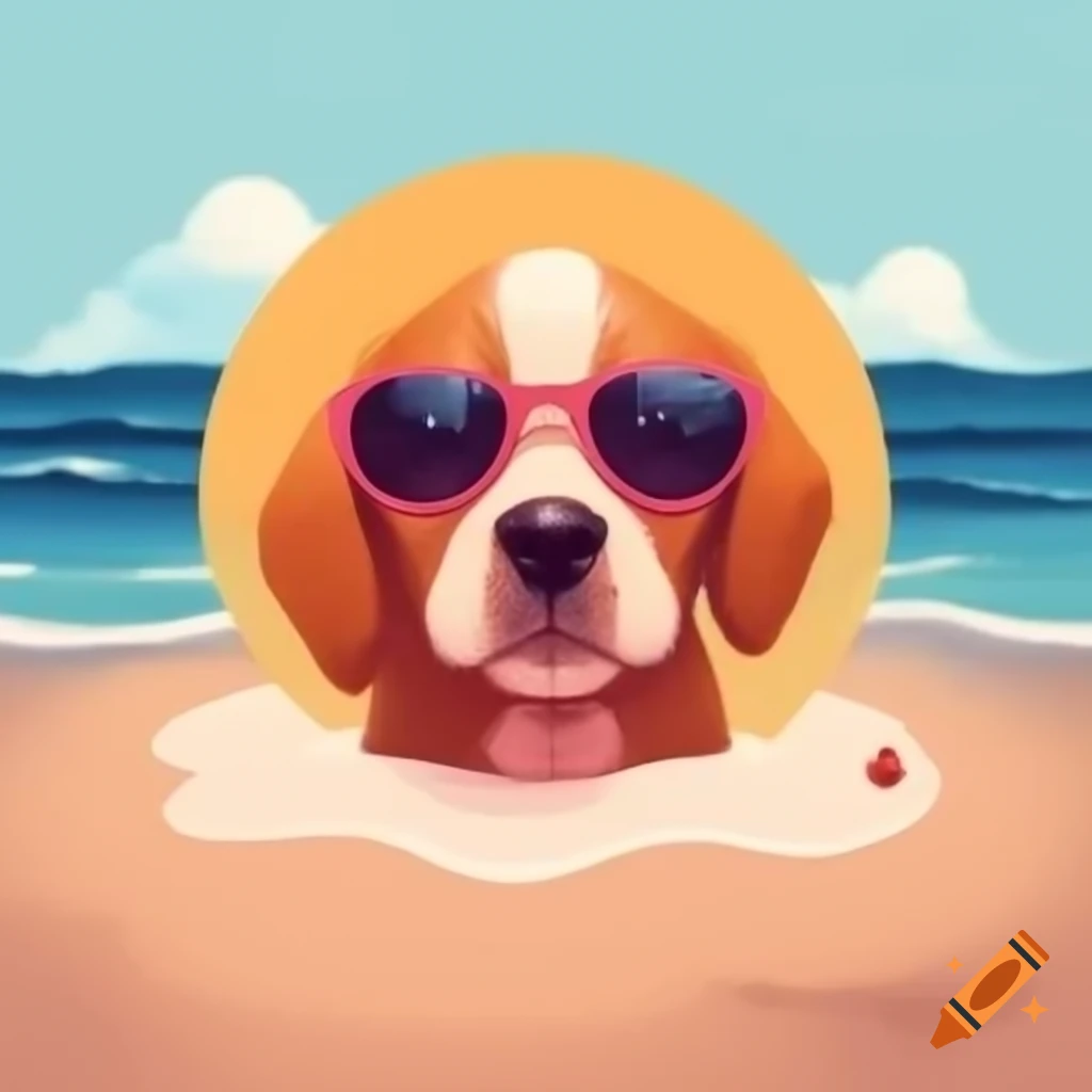 Stylish dog in sunglasses relaxing on the beach
