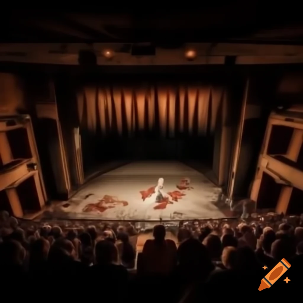 Dimly lit rundown theater viewed from the back of the audience
