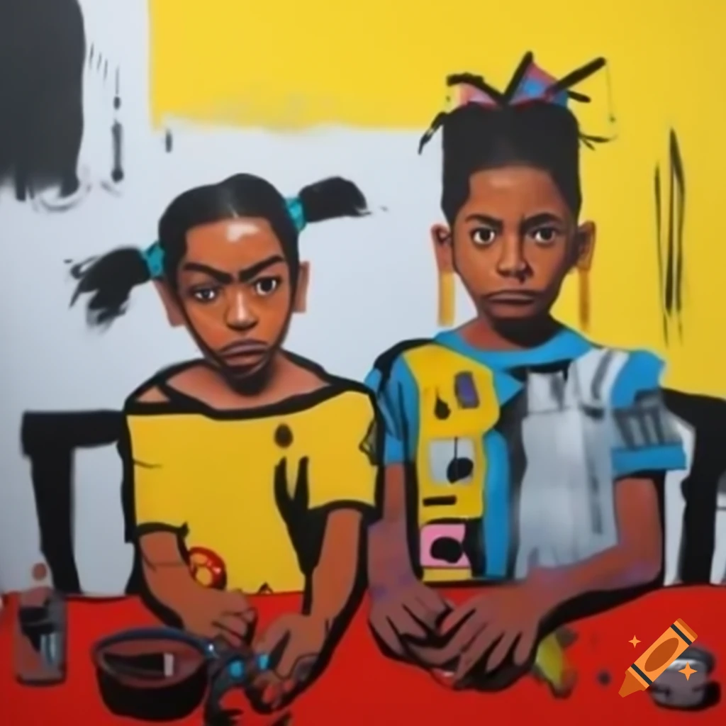 Playful children depicted in Jean-Michel Basquiat style painting