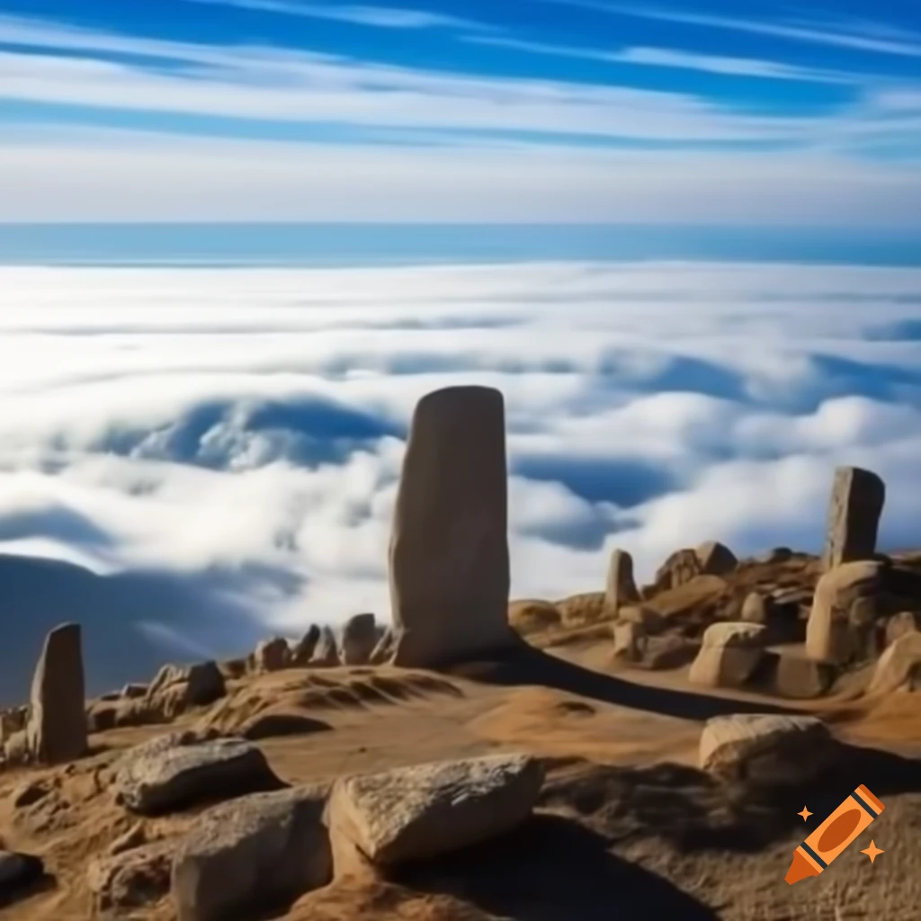 Stone monoliths at mountain cliff overlooking sky and clouds