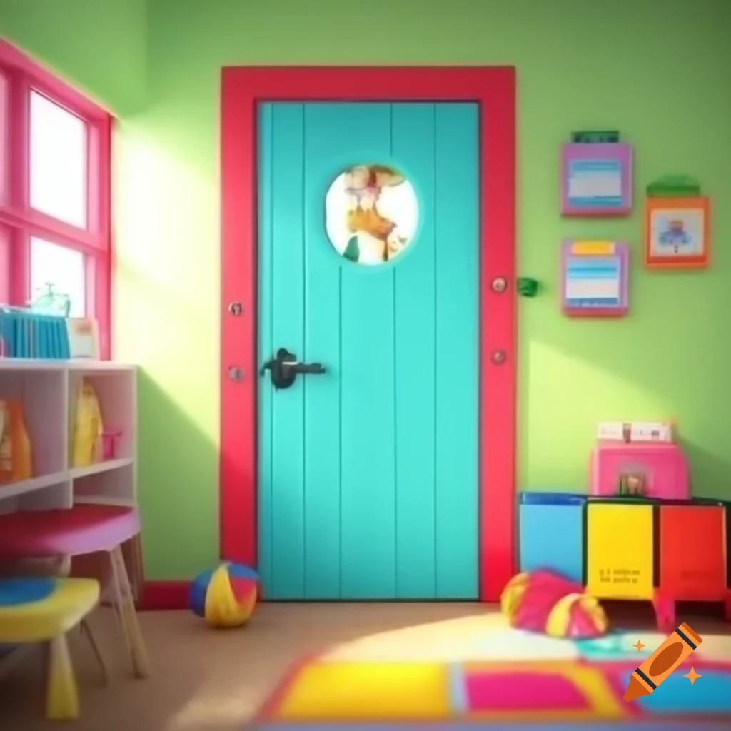 Colorful daycare kindergarten nursery room with locked door