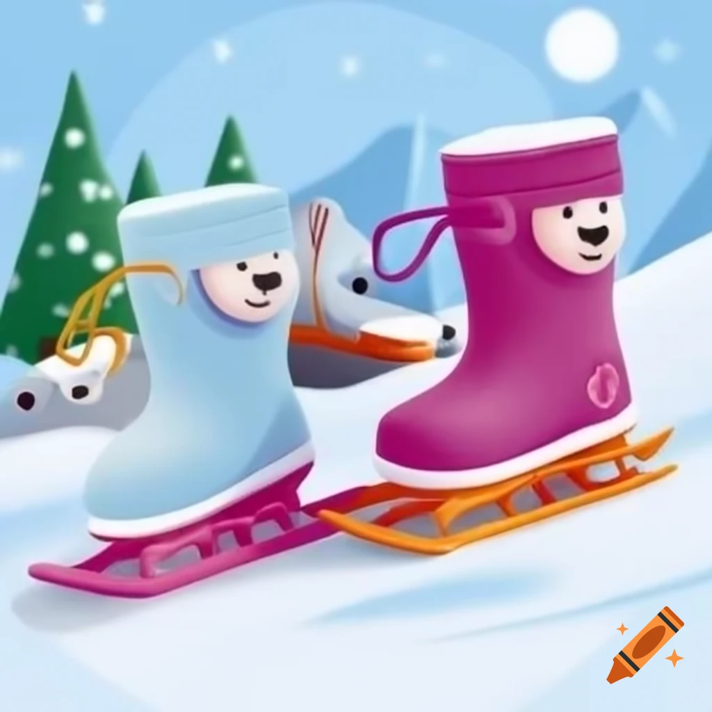 Children's snow boots and sleds ready for winter fun