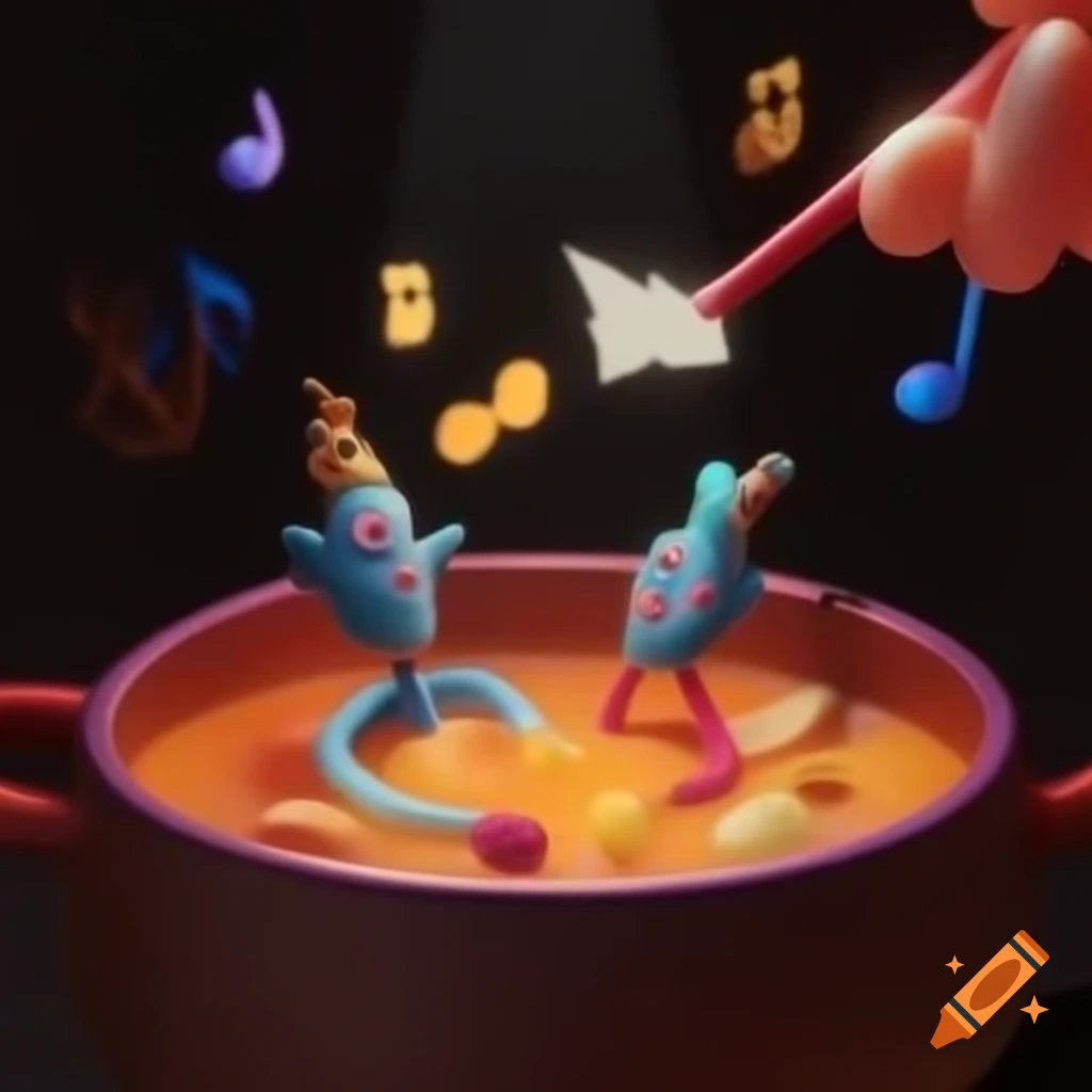 Top down view of a musical performance themed soup