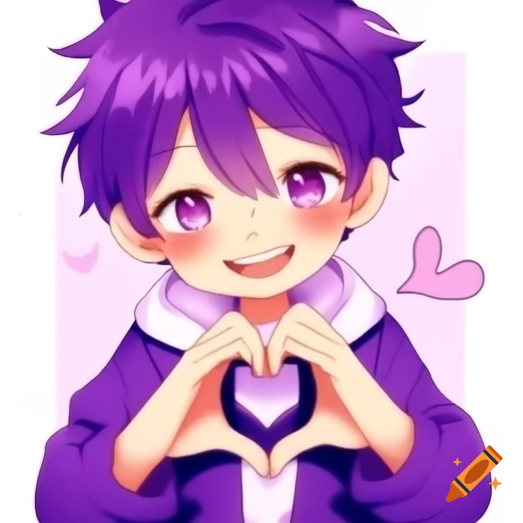 Anime character with purple hair smiling and forming a heart with hands