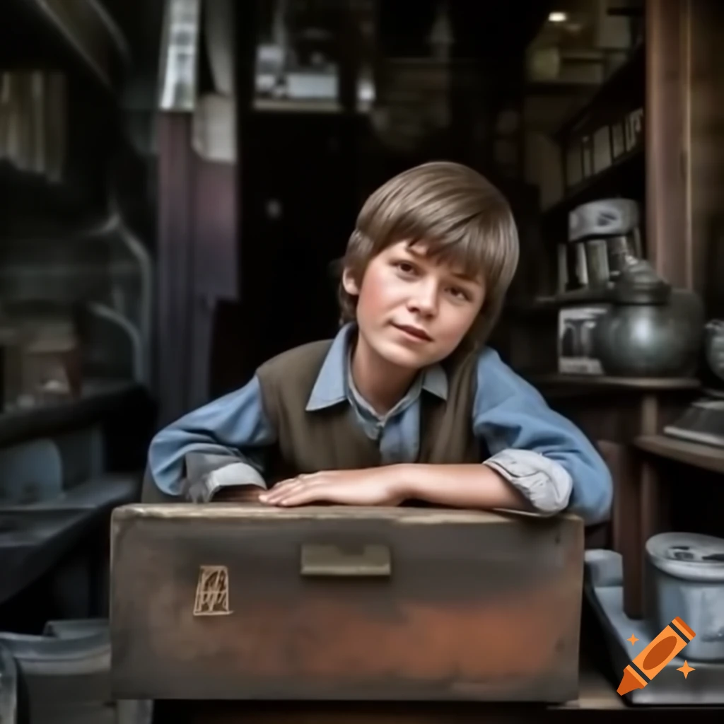 Boy discovering old dusty box in antique shop
