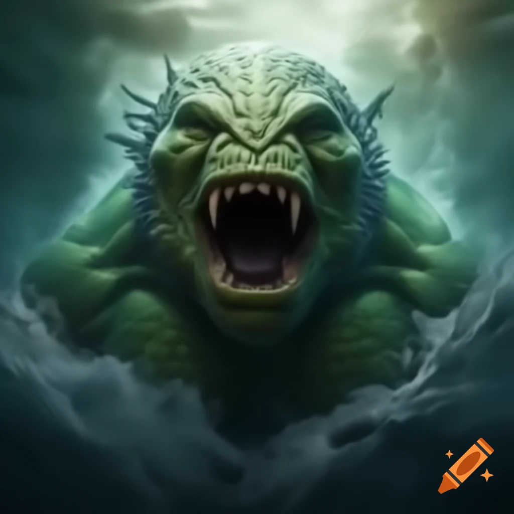Massive fish-like creature resembling musclebound figure emerging from water