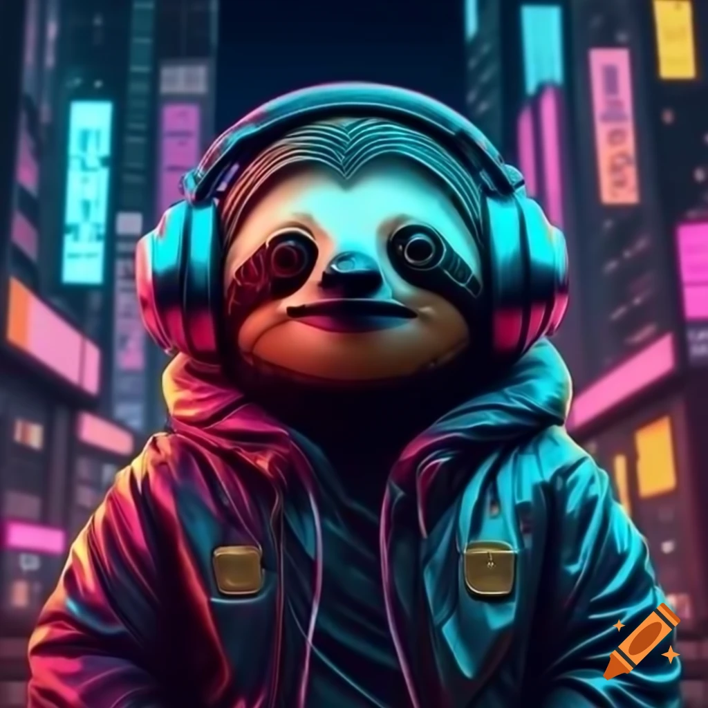 Sloth wearing metallic jacket and headphones in neon dystopian city at midnight