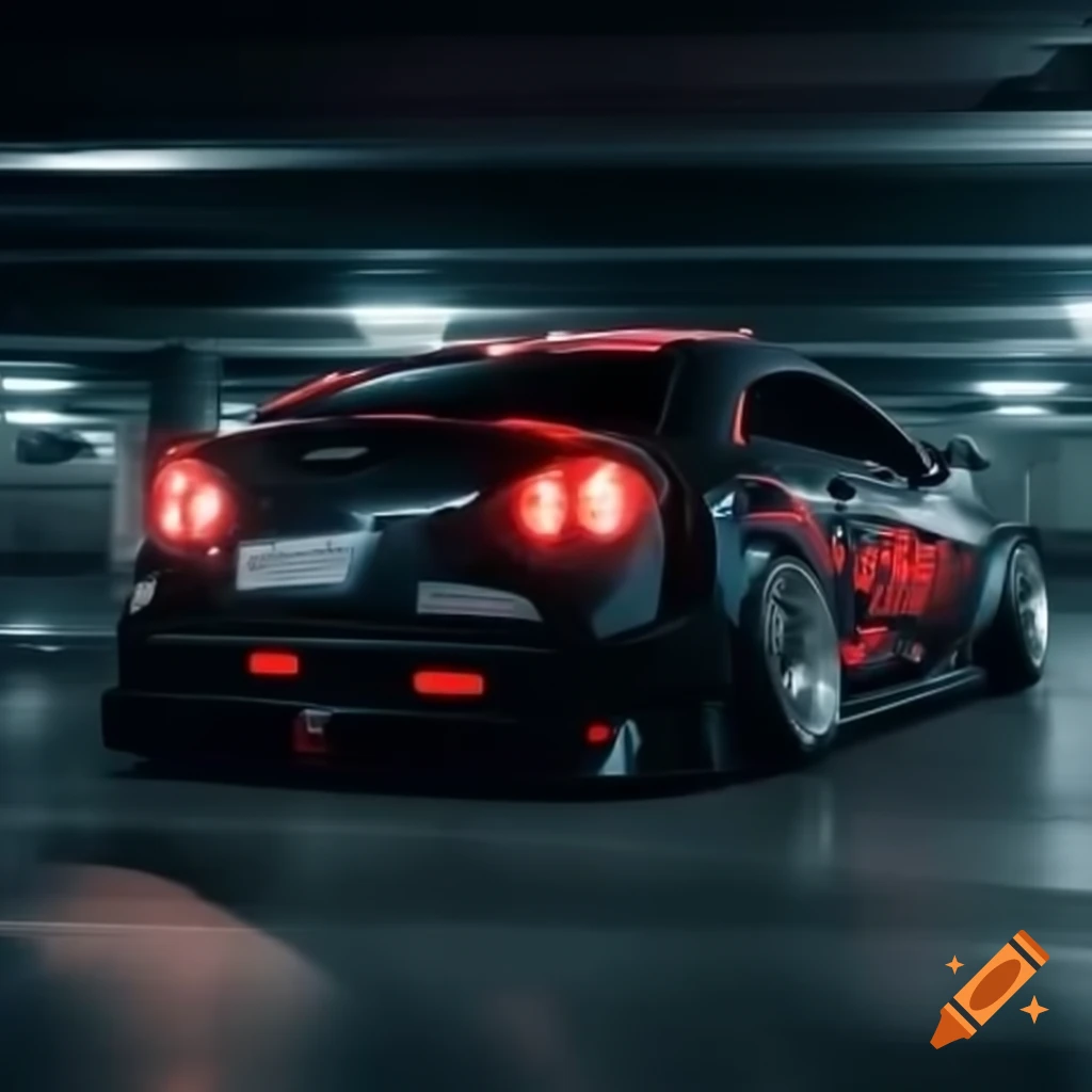 Customized black 2012 Mitsubishi Eclipse with red decals in underground parking lot