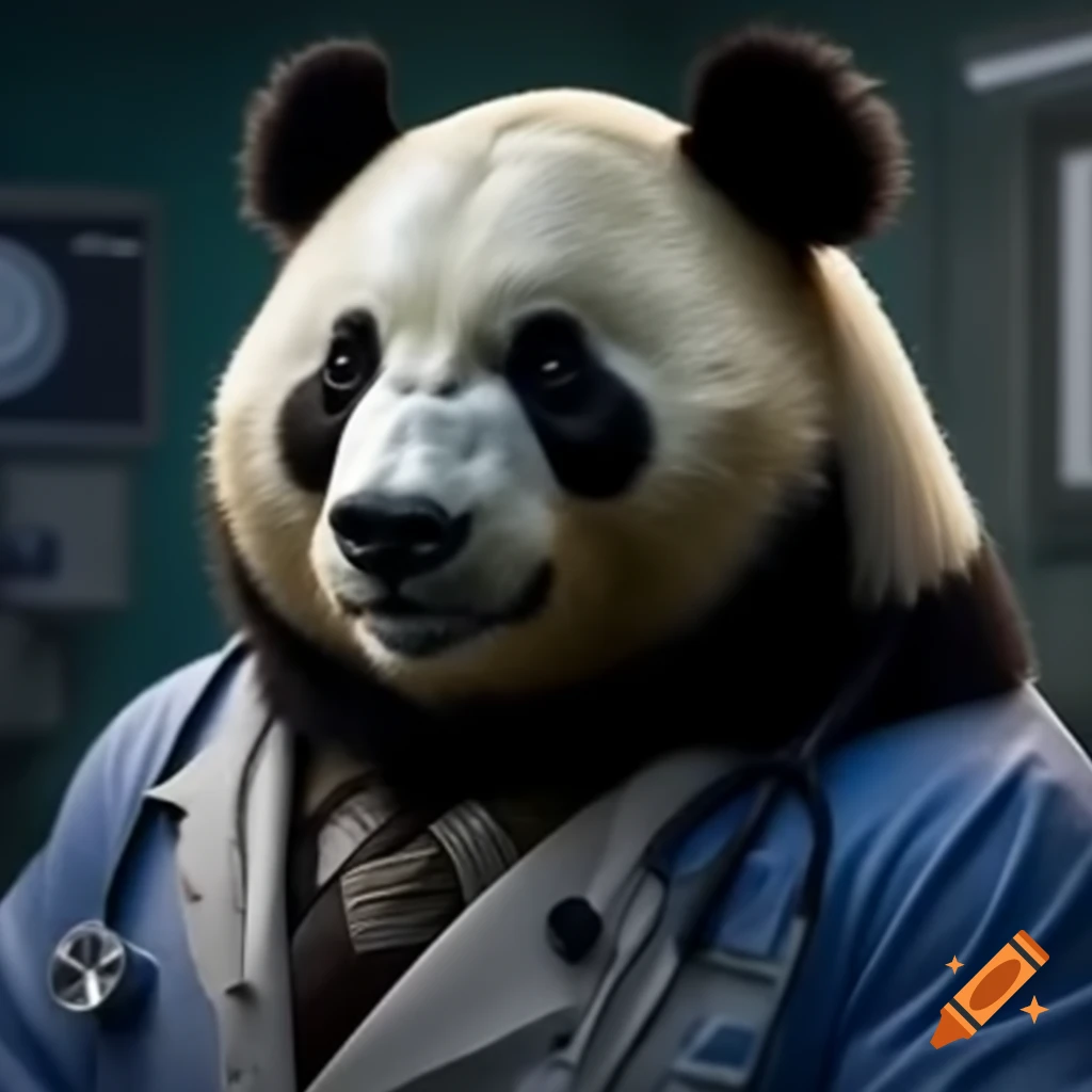 Muscular panda bear dressed as a medical doctor