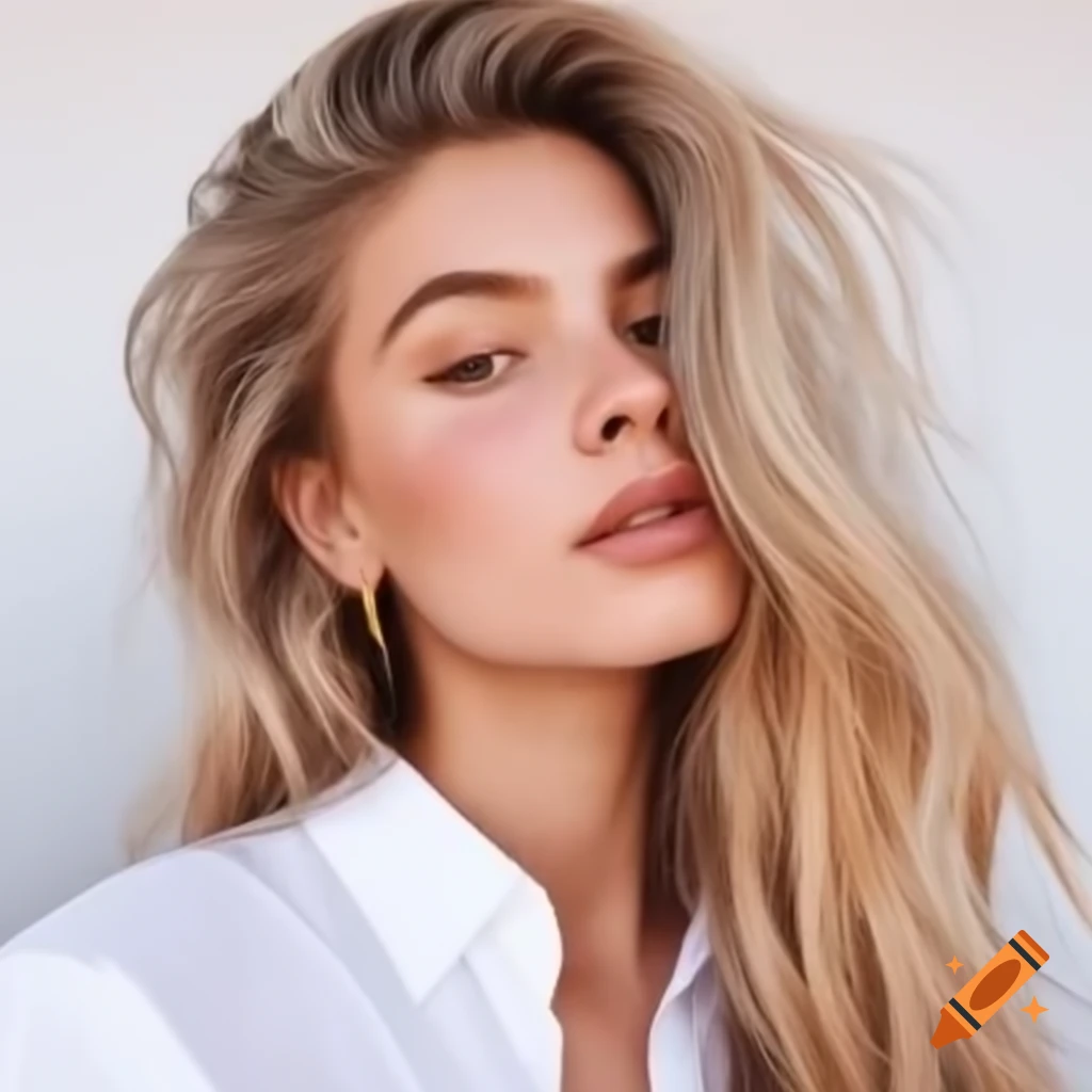 Beautiful woman with long honey blonde hair wearing white shirt