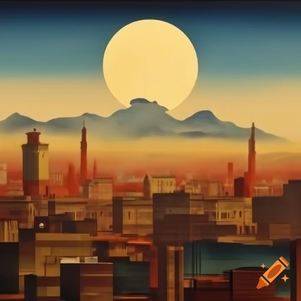 Tehran skyline with enormous moon in warm colors, Hokusai watercolor style