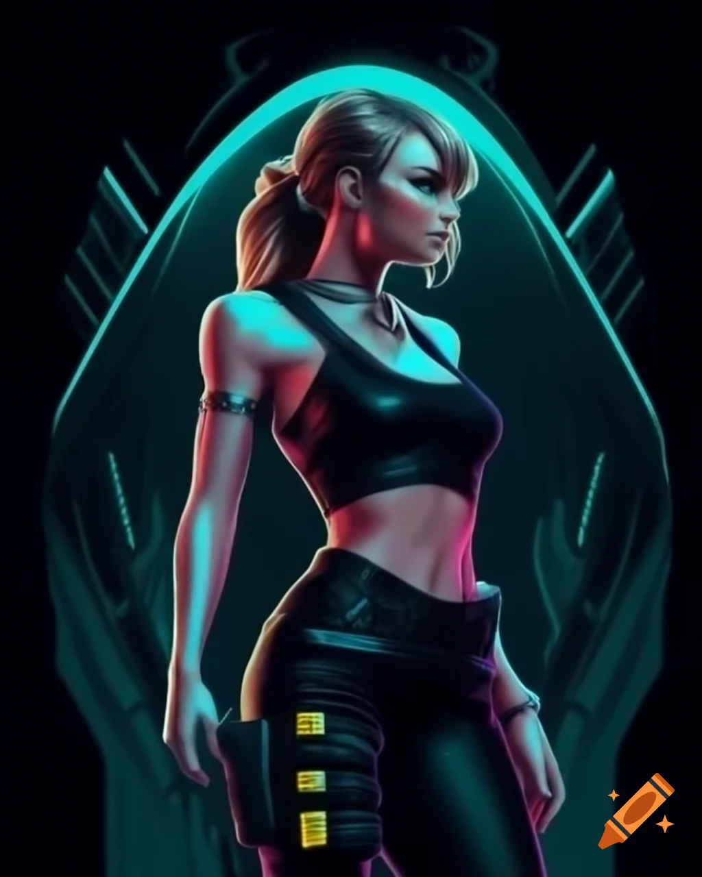 Taylor Swift depicted in a cyberpunk 2077 style